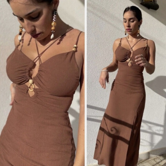 Zara Women Rustic Camisole Midi Brown Dress Size Small. Linen Blend - Picture 4 of 14